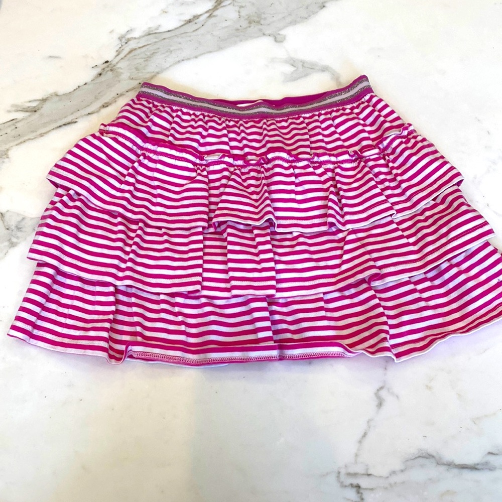 Mini Boden Jersey Ruffle skirt, girls size 8-9 pink and white stripes